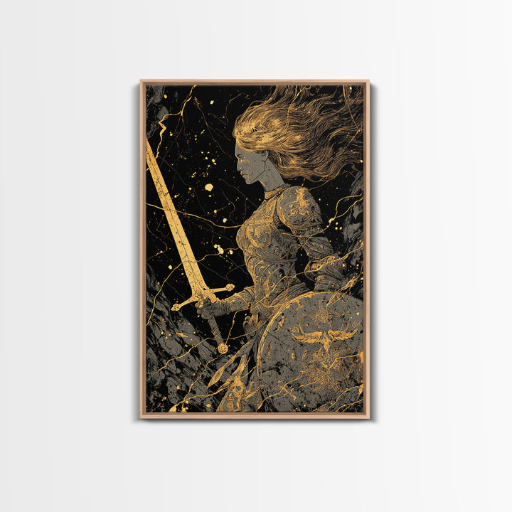 Warrior Maiden Gold Canvas Print, Female Knight With Sword And Shield Artwork, Real Wood Frame Wall Décor, Heroic Fantasy Art