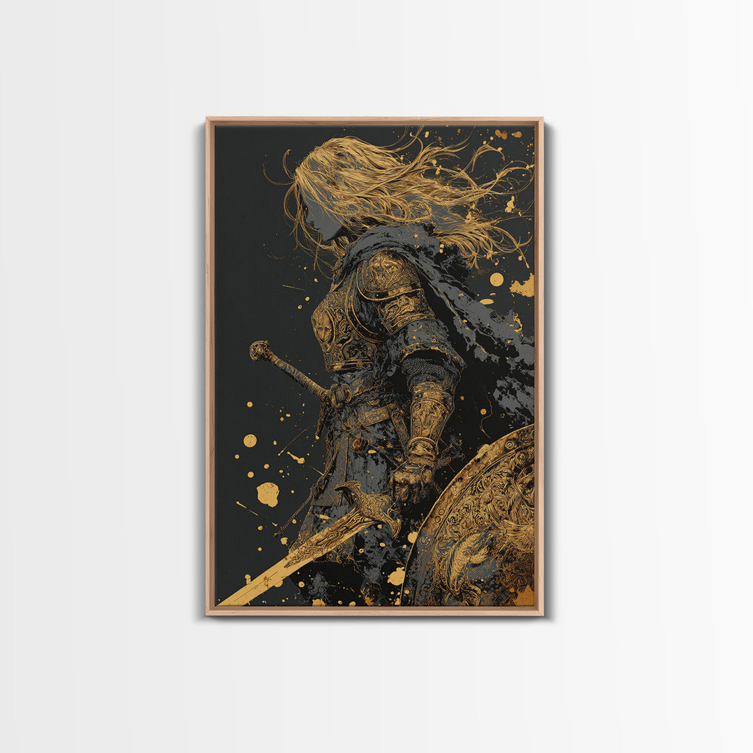 Golden Armored Knight Gold Canvas Art, Female Warrior With Sword And Shield Canvas Print, Real Wood Frame Wall Décor, Mythic Battle Art