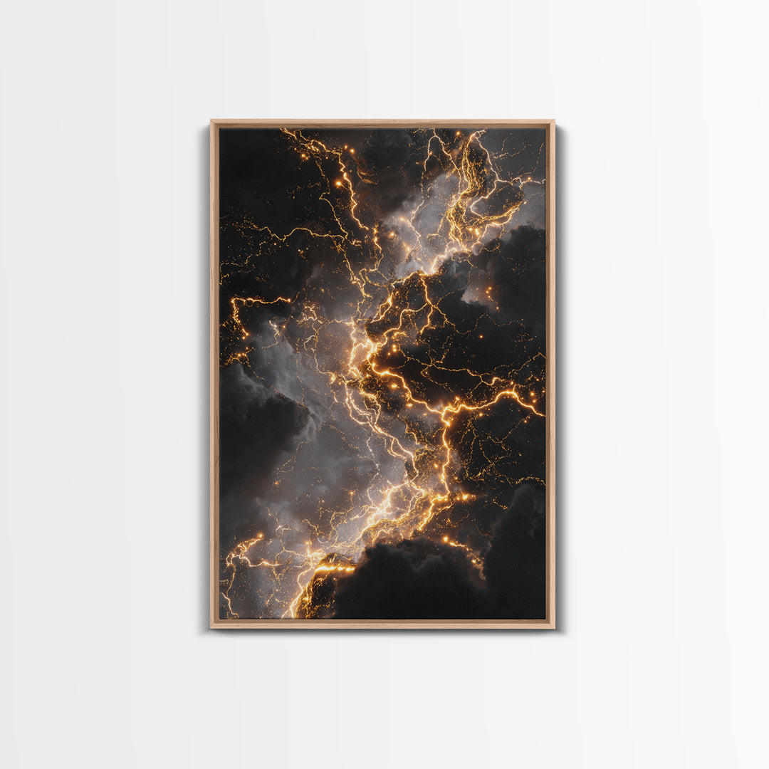 Celestial Lightning Storm Gold Canvas Art, Abstract Thunder Energy Canvas Print, Real Wood Frame Wall Décor, Dramatic Cosmic Power Artwork