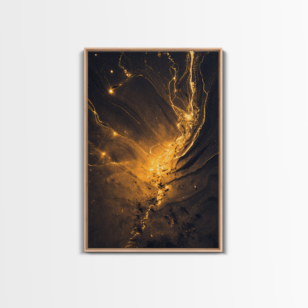 Golden River Flow Gold Canvas Print, Abstract Liquid Energy Artwork On Canvas, Real Wood Frame Wall Décor, Celestial Fluid Art