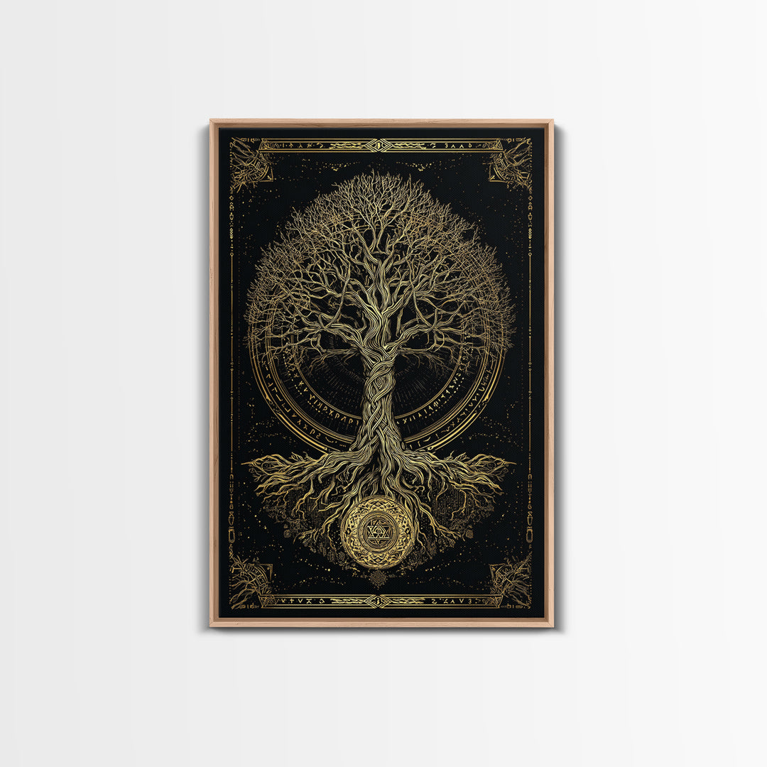 Sacred Yggdrasil Gold Canvas Art, Norse Mythology Tree Of Life Canvas Print, Real Wood Frame Wall Décor, Mystical Viking Symbol Artwork