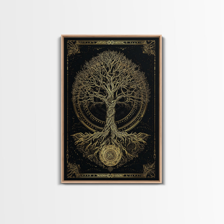 Sacred Yggdrasil Gold Canvas Art, Norse Mythology Tree Of Life Canvas Print, Real Wood Frame Wall Décor, Mystical Viking Symbol Artwork