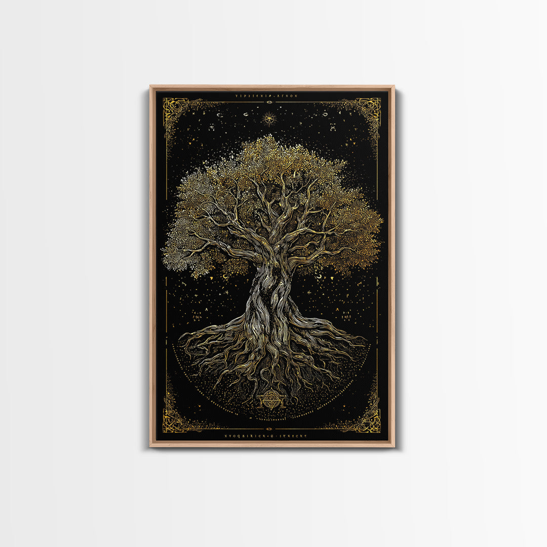 Ancient Cosmic Tree Gold Canvas Print, Norse Mythology Inspired Yggdrasil Artwork, Real Wood Frame Wall Décor, Mystical Fantasy Art