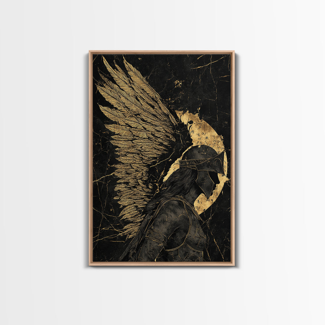Winged Warrior Gold Canvas Print, Angelic Guardian Art On Canvas, Real Wood Frame Decor, Mythology Spiritual Wall Artwork