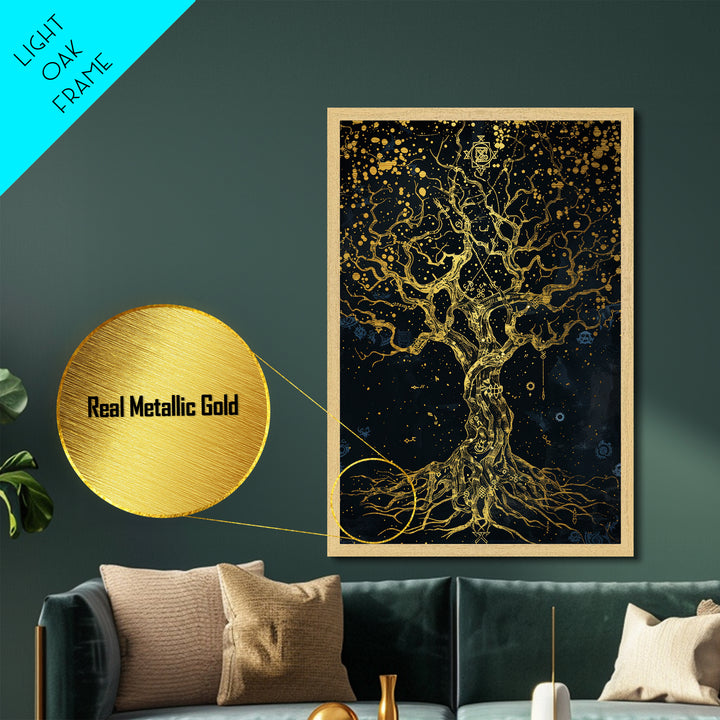 Mystical Tree Of Life Metallic Gold Art, Celestial Symbolic Nature Metal Print, Real Wood Frame Wall Décor, Sacred Mythology Fantasy Artwork