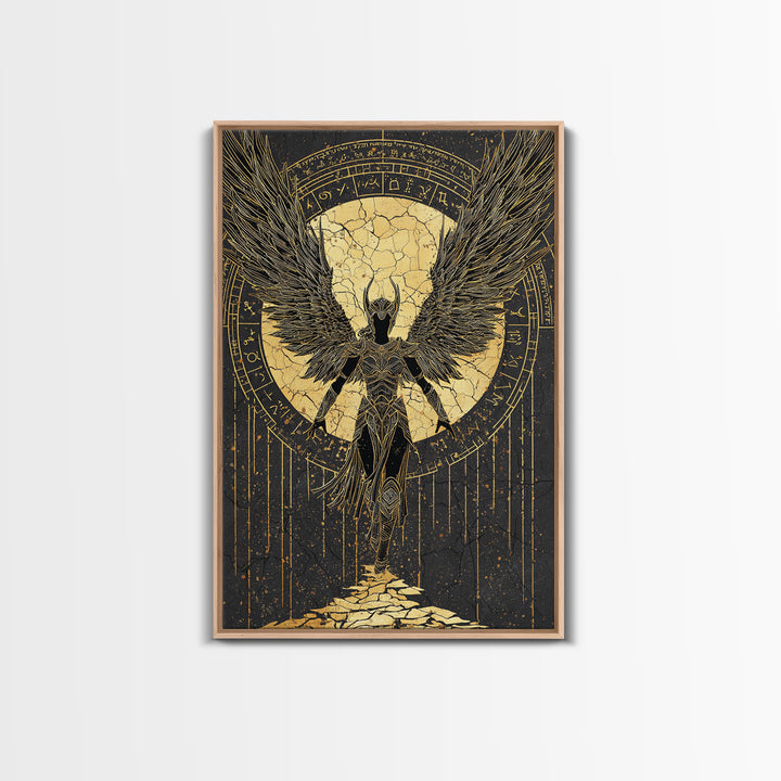 Celestial Angel Gold Canvas Art, Majestic Winged Warrior Canvas Print, Real Wood Frame Wall Décor, Divine Fantasy Statement Artwork
