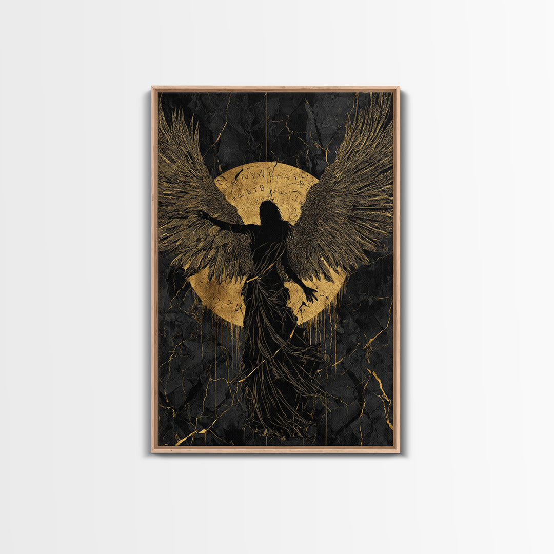 Heavenly Guardian Gold Canvas Print, Radiant Angel Art On Canvas, Real Wood Frame Wall Décor, Celestial Spiritual Artwork