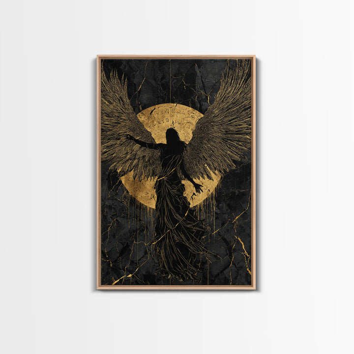 Heavenly Guardian Gold Canvas Print, Radiant Angel Art On Canvas, Real Wood Frame Wall Décor, Celestial Spiritual Artwork