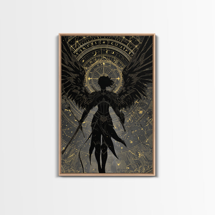 Celestial Archer Gold Canvas Art, Angel With Wings Canvas Print, Real Wood Frame Wall Décor, Divine Warrior Fantasy Artwork