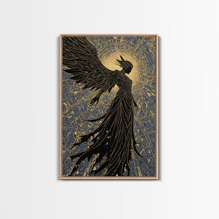 Radiant Angel Gold Canvas Art, Celestial Winged Guardian Canvas Print, Real Wood Frame Wall Décor, Mythology Fantasy Artwork
