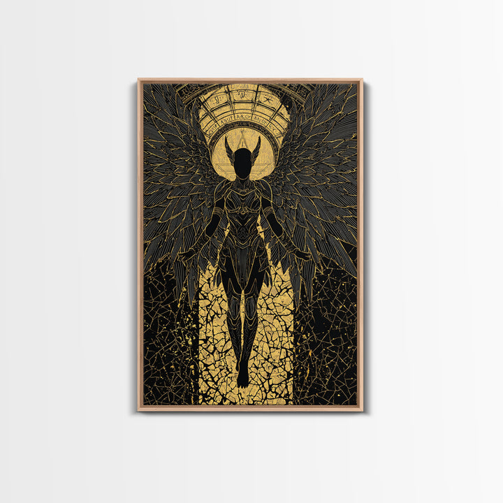 Ascendant Angel Gold Canvas Print, Winged Warrior Art On Canvas, Real Wood Frame Wall Décor, Celestial Divine Statement Artwork