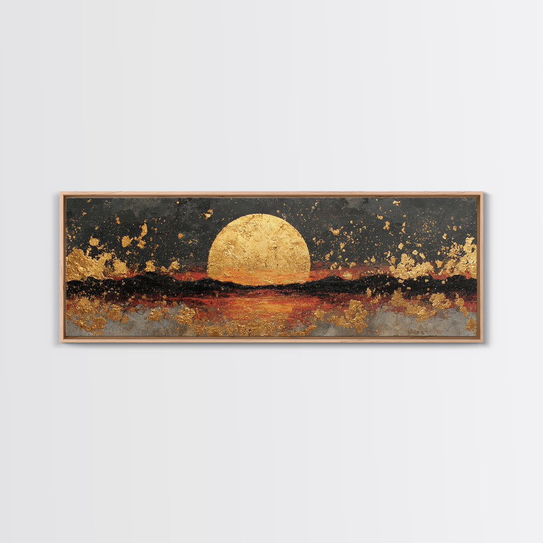 Golden Horizon Gold Canvas Print, Textured Sunset Wall Art, Abstract Sun Over Water Artwork With Real Wood Frame