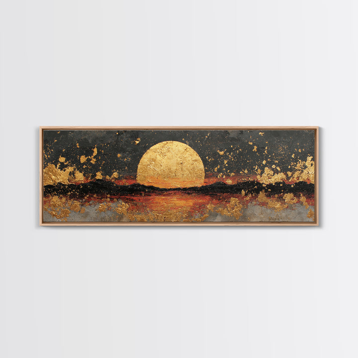 Golden Horizon Gold Canvas Print, Textured Sunset Wall Art, Abstract Sun Over Water Artwork With Real Wood Frame