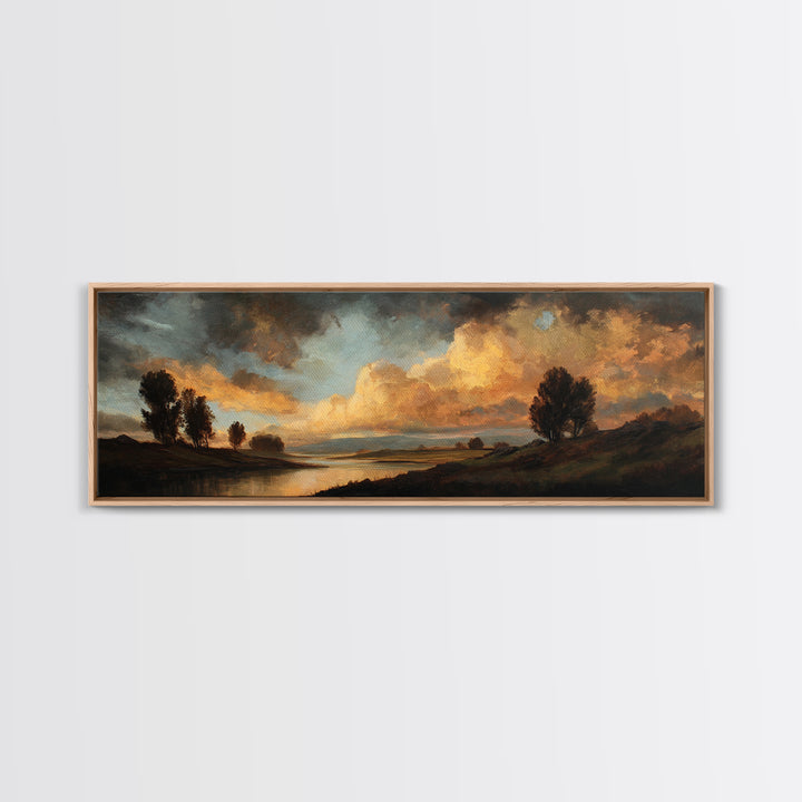 Dramatic Sky Gold Canvas Print, Cloudy Sunset River Landscape Wall Art, Atmospheric Nature Artwork With Real Wood Frame