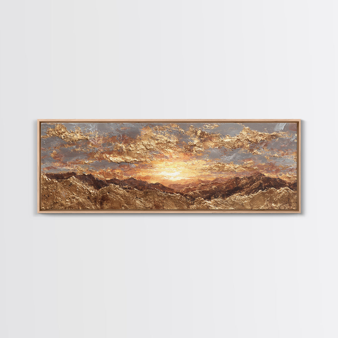 Sunlit Peaks Gold Canvas Print, Golden Mountain Sunrise Wall Art, Abstract Nature Landscape Artwork With Real Wood Frame