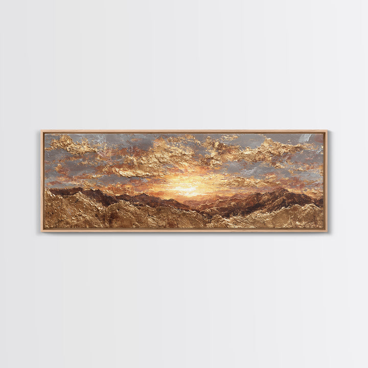 Sunlit Peaks Gold Canvas Print, Golden Mountain Sunrise Wall Art, Abstract Nature Landscape Artwork With Real Wood Frame