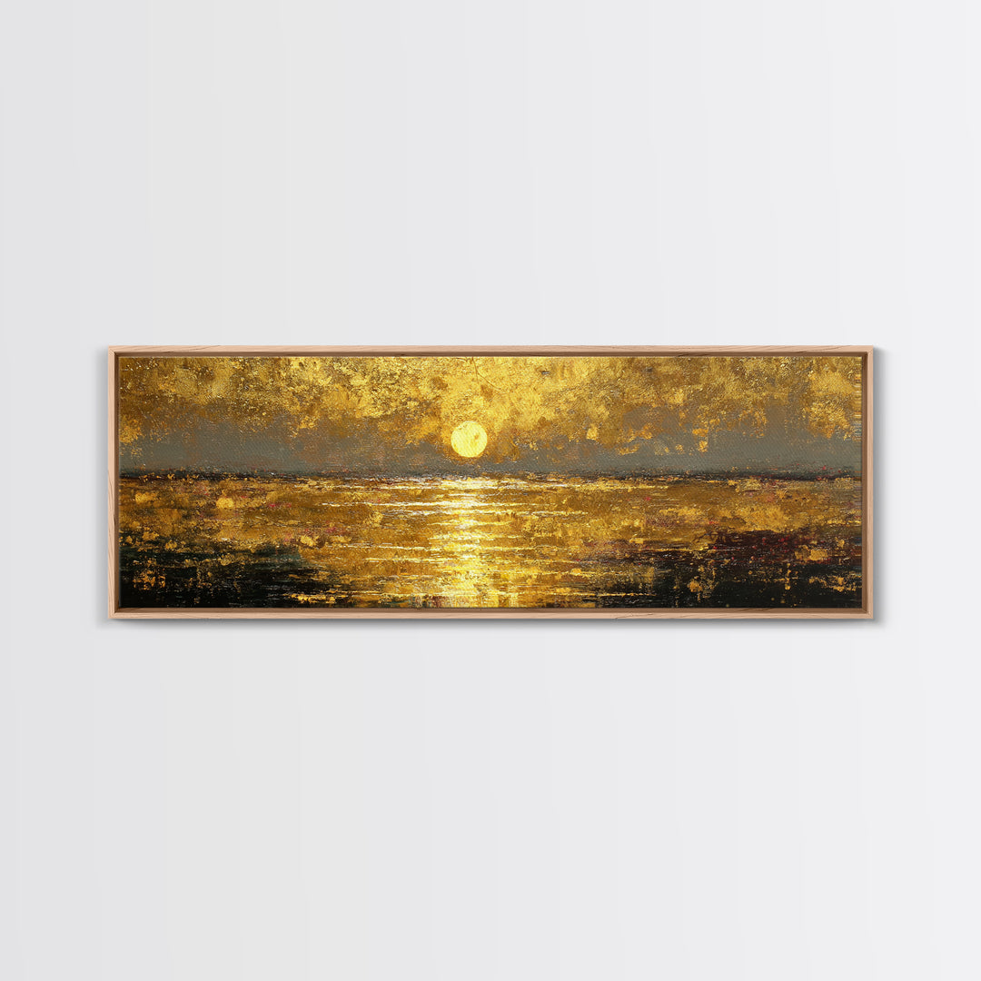 Radiant Reflection Gold Canvas Print, Golden Sun Over Water Wall Art, Shimmering Seascape Artwork With Real Wood Frame