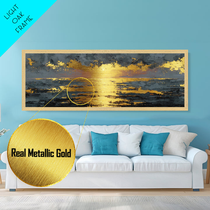 Ocean Sunset Metallic Gold Metal Print, Glowing Sun Over Waves Wall Art, Modern Coastal Seascape Artwork With Real Wood Frame
