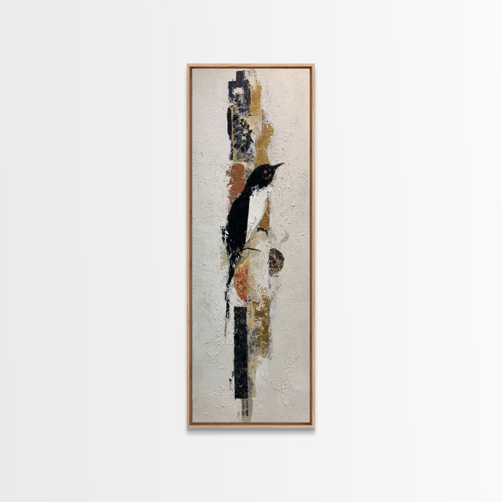 Small Black Bird Crossing White Space Framed Canvas Print, Minimalist Art, Boho Decor, Living Room Decor, Oil Painting, Minimal, MIN-1x3-91