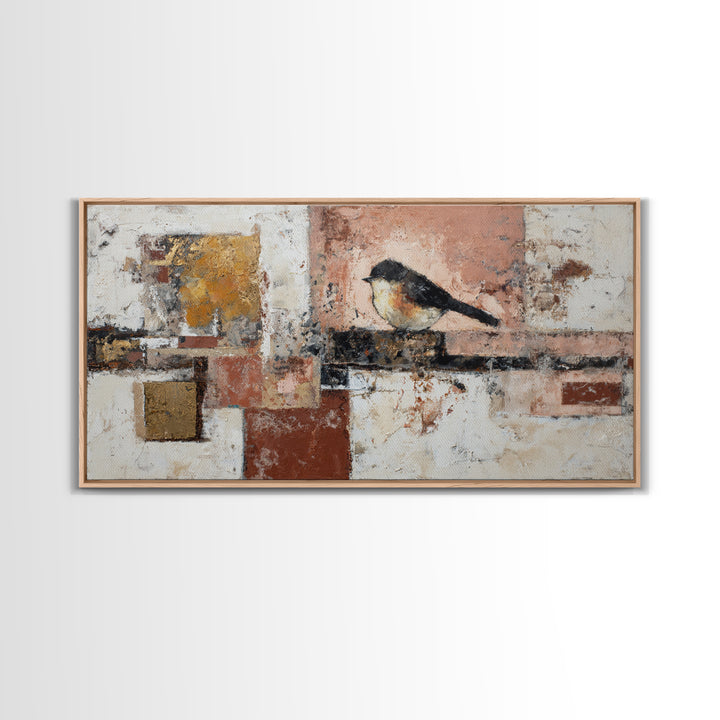 Small Black Bird Crossing White Space Framed Canvas Print, Minimalist Art, Large Wall Art, Living Room Decor, Fine Art, Minimal, MIN-2x1-3