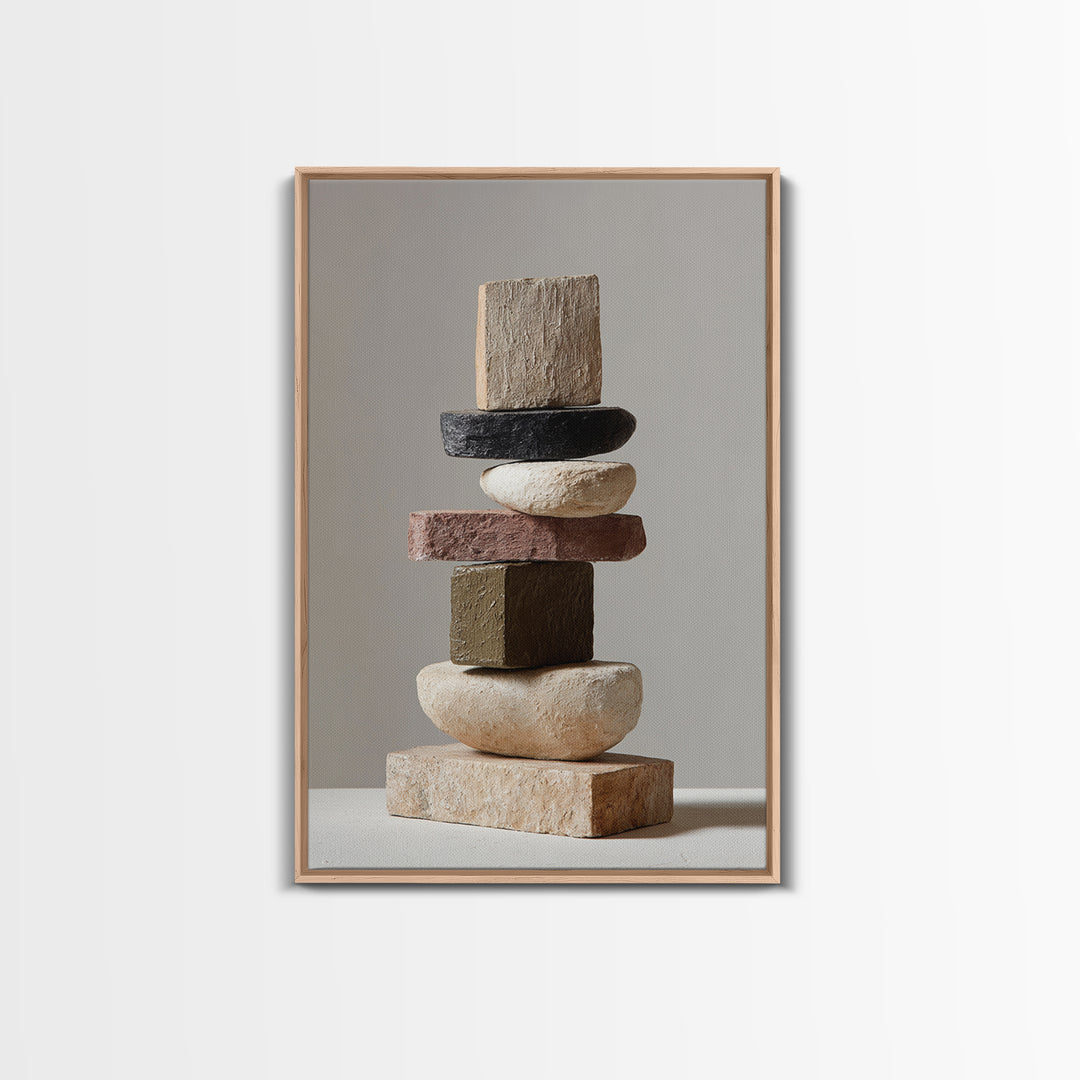 Quiet Stone Stack Framed Canvas Print, Minimalist Art, Digital Wall Art, Living Room Decor, Abstract Art, Minimal, MIN-2x3-43