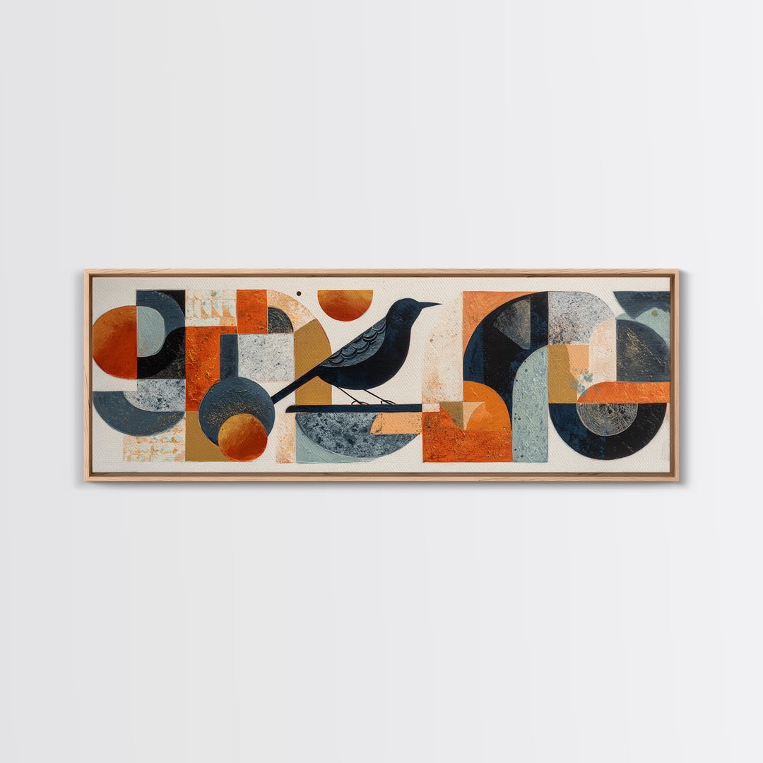 Small Black Bird Crossing White Space Framed Canvas Print, Minimalist Art, Room Decor, Living Room Decor, Fine Art, Minimal, MIN-3x1-23