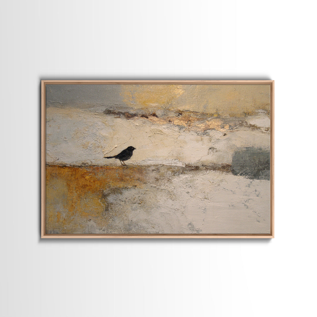Small Black Bird Crossing White Space Framed Canvas Print, Minimalist Art, Room Decor, Living Room Decor, Fine Art, Minimal, MIN-3x2-35
