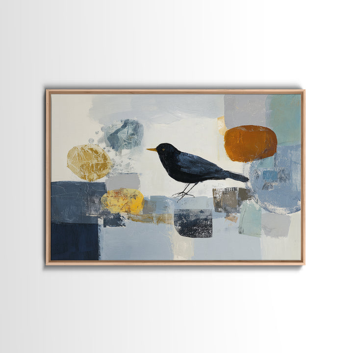 Small Black Bird Crossing White Space Canvas Print, Minimalist Art, Large Wall Art, Living Room Decor, Fine Art, Minimal, MIN-3x2-83