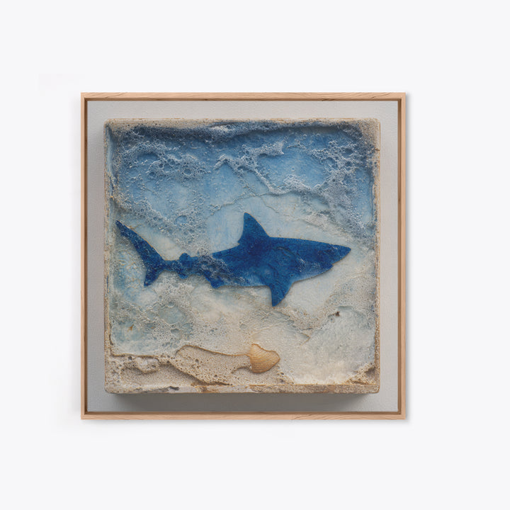 Shark Silhouette in Deep Blue Light Framed Canvas Print, Marine Life Art, Coastal Wall Art, Living Room Decor, Fine Art, Marine, MLA-1x1-12