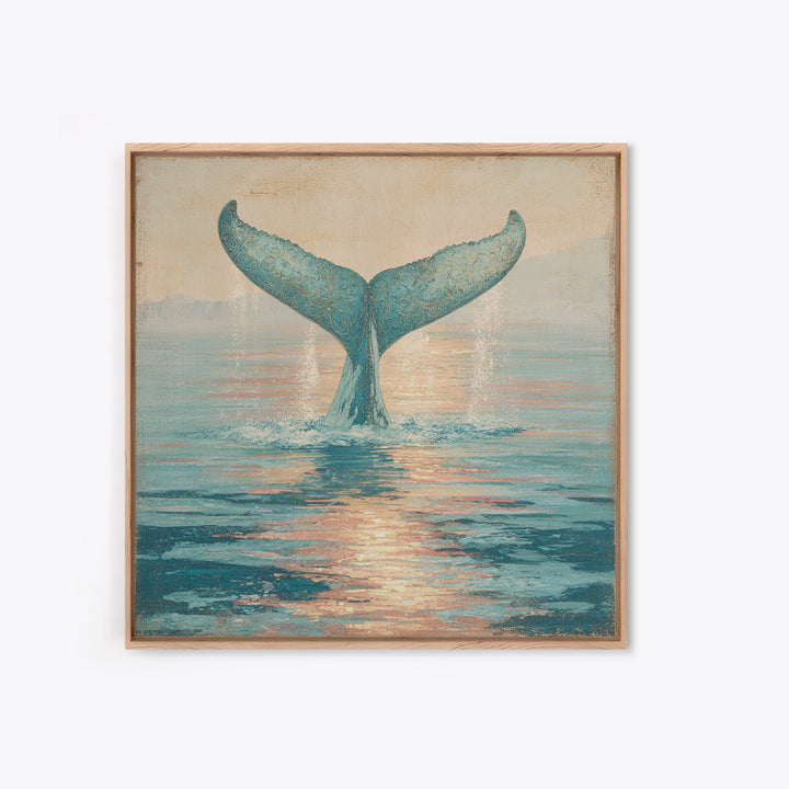 Whale Tail Rising from Misty Ocean Framed Canvas Print, Marine Life Art, Ocean Art, Living Room Decor, Oil Painting, Marine, MLA-1x1-2