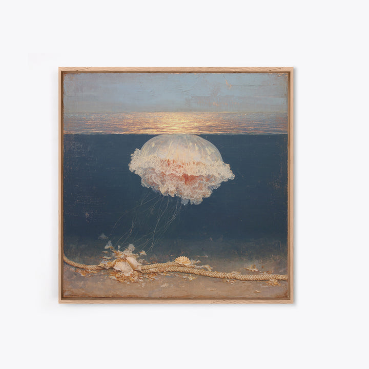 Jellyfish Floating in Luminous Dark Water Canvas Print, Marine Life Art, Fish Art, Living Room Decor, Oil Painting, Marine, MLA-1x1-30