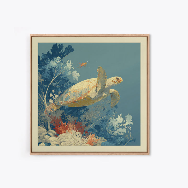 Bioluminescent Plankton Around Swimming Turtle Framed Canvas Print, Marine Life Art, Wall Art, Living Room Decor, Marine, MLA-1x1-48