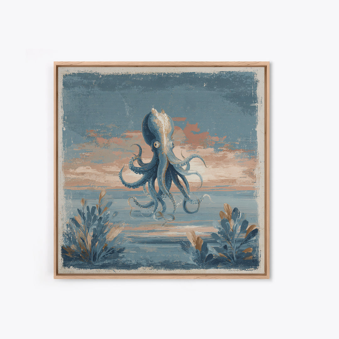 Squid in a Mysterious Midnight Sea Framed Canvas Print, Marine Life Art, Ocean Painting, Living Room Decor, Fine Art, Marine, MLA-1x1-67