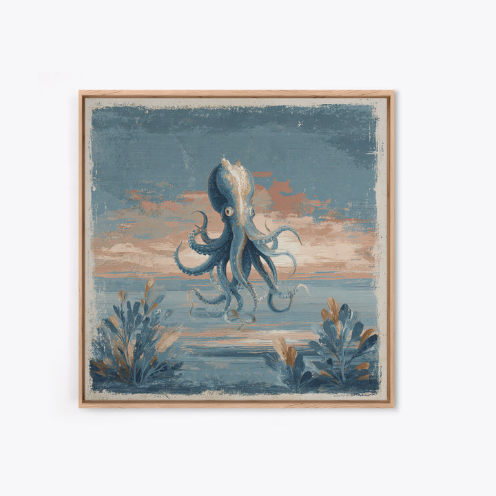 Squid in a Mysterious Midnight Sea Framed Canvas Print, Marine Life Art, Ocean Painting, Living Room Decor, Fine Art, Marine, MLA-1x1-67