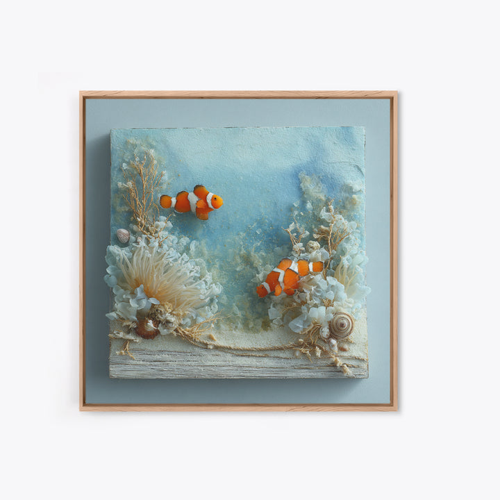 Clownfish Around Anemone Tentacles Framed Canvas Print, Marine Life Art, Nautical Art, Living Room Decor, Fine Art, Marine, MLA-1x1-68