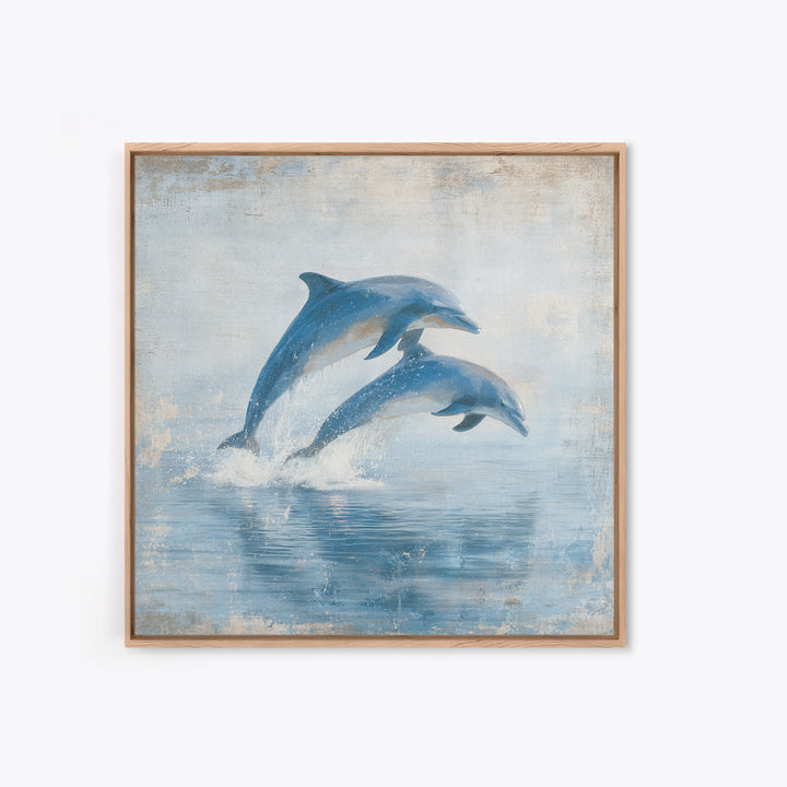 Dolphins Leaping Through Sunlit Waves Framed Canvas Print, Marine Life Art, Coastal Art, Living Room Decor, Fine Art, Marine, MLA-1x1-7