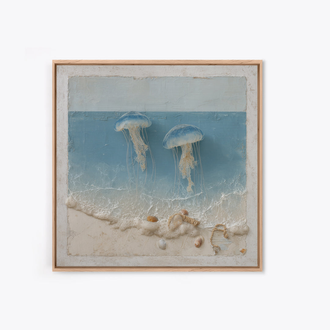 Jellyfish Floating in Luminous Dark Water Framed Canvas Print, Marine Life Art, Pastel Wall Art, Living Room Decor, Marine, MLA-1x1-78