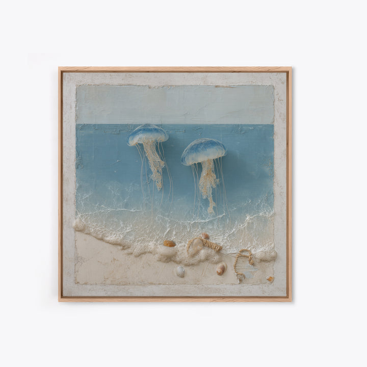 Jellyfish Floating in Luminous Dark Water Framed Canvas Print, Marine Life Art, Pastel Wall Art, Living Room Decor, Marine, MLA-1x1-78