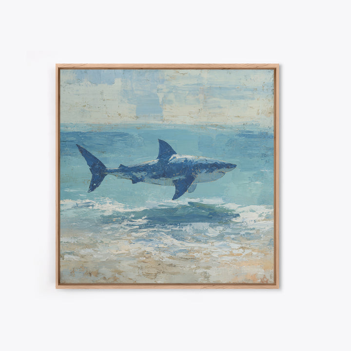 Shark Silhouette in Deep Blue Light Framed Canvas Print, Marine Life Art, Tropical Wall Art, Living Room Decor, Abstract Art, MLA-1x1-84