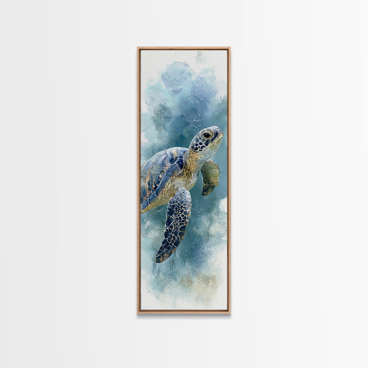 Sea Turtle Gliding Through Clear Blue Water Framed Canvas Print, Marine Life Art, Ocean Painting, Living Room Decor, Marine, MLA-1x3-61