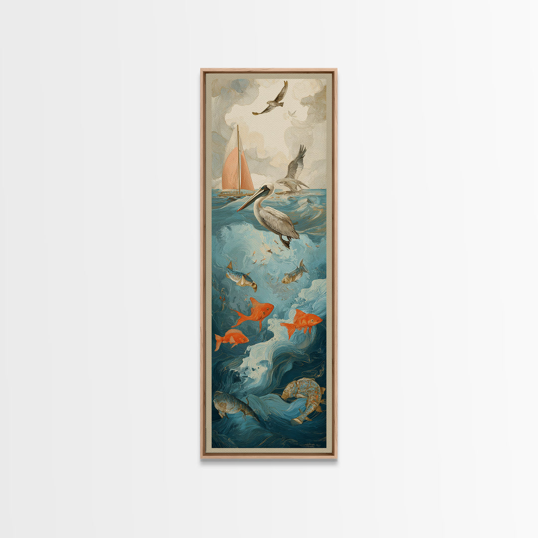 Pelican Diving Toward Fish Near Surface Framed Canvas Print, Marine Life Art, Textured Painting, Living Room Decor, Marine, MLA-1x3-83