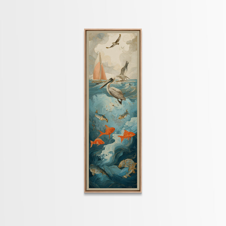 Pelican Diving Toward Fish Near Surface Framed Canvas Print, Marine Life Art, Textured Painting, Living Room Decor, Marine, MLA-1x3-83