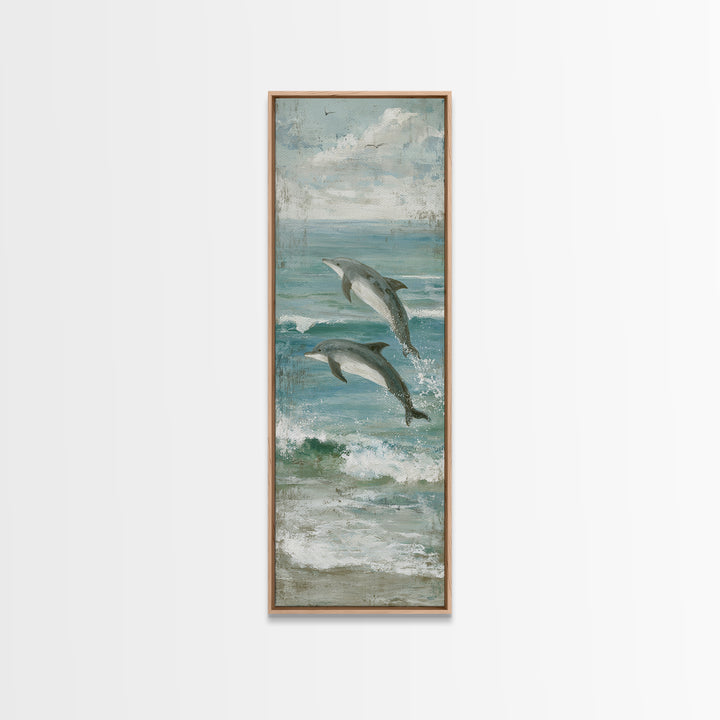 Dolphins Leaping Through Sunlit Waves Framed Canvas Print, Marine Life Art, Watercolor Art, Living Room Decor, Oil Painting, MLA-1x3-91