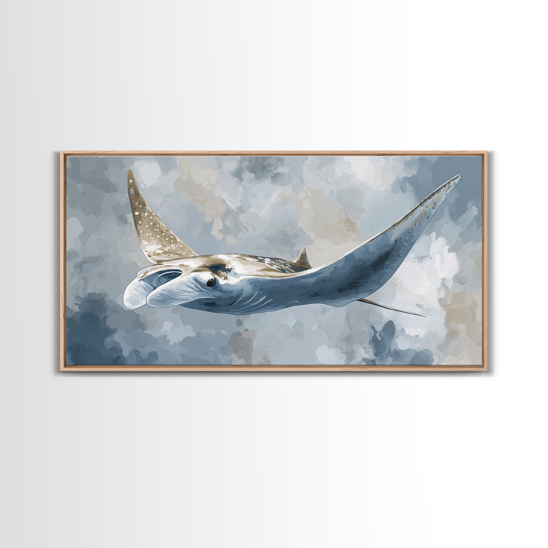Manta Ray Flying Through Underwater Light Framed Canvas Print, Marine Life Art, Home Decor, Living Room Decor, Fine Art, Marine, MLA-2x1-10