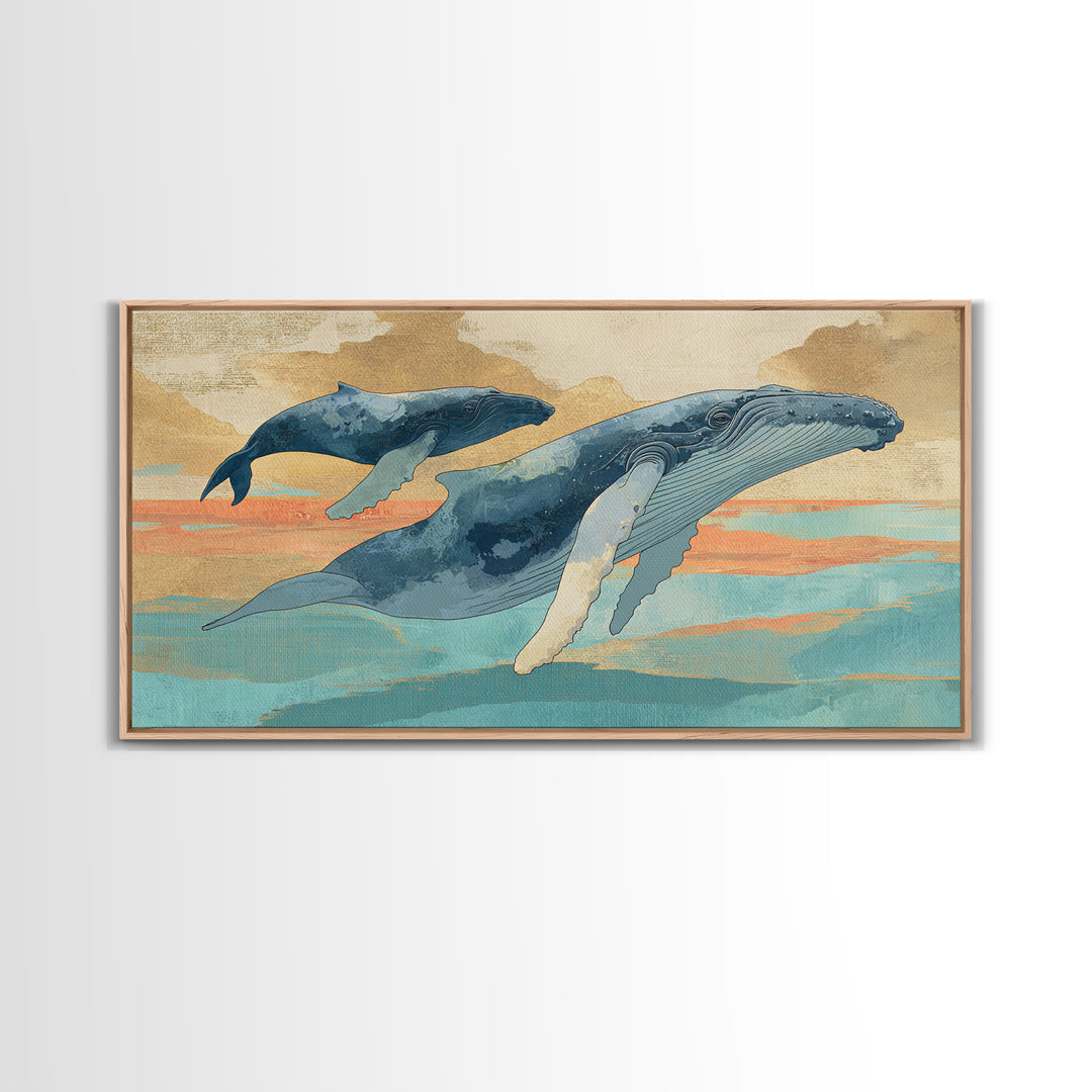 Humpback Whale and Calf Framed Canvas Print, Marine Life Art, Tropical Wall Art, Living Room Decor, Fine Art, Marine, MLA-2x1-14