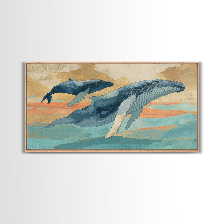 Humpback Whale and Calf Framed Canvas Print, Marine Life Art, Tropical Wall Art, Living Room Decor, Fine Art, Marine, MLA-2x1-14
