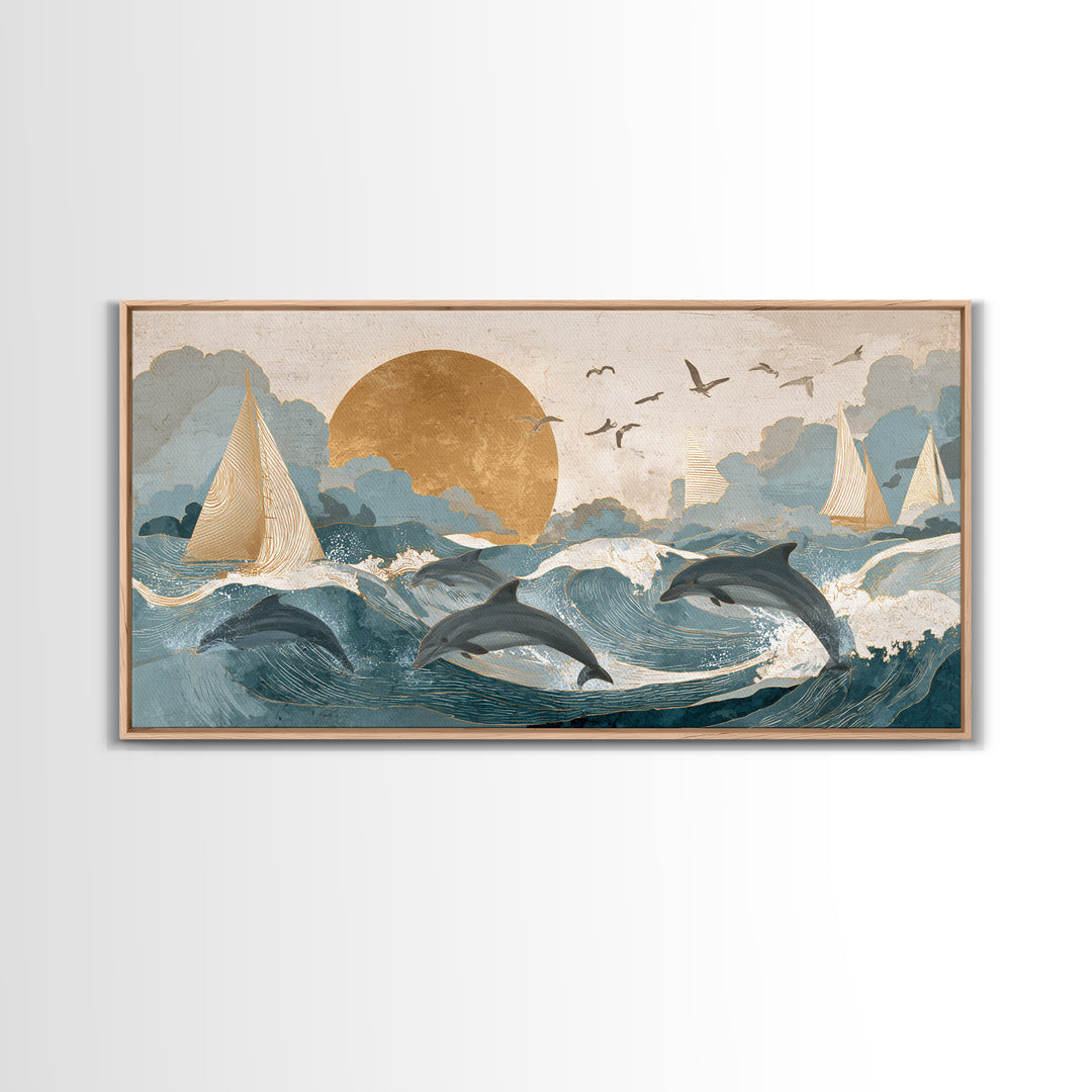 Dolphins Leaping Through Sunlit Waves Framed Canvas Print, Marine Life Art, Modern Art Print, Living Room Decor, Oil Painting, MLA-2x1-27