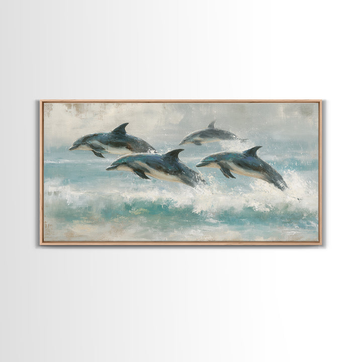 Dolphins Leaping Through Sunlit Waves Framed Canvas Print, Marine Life Art, Coastal Art, Living Room Decor, Fine Art, Marine, MLA-2x1-3