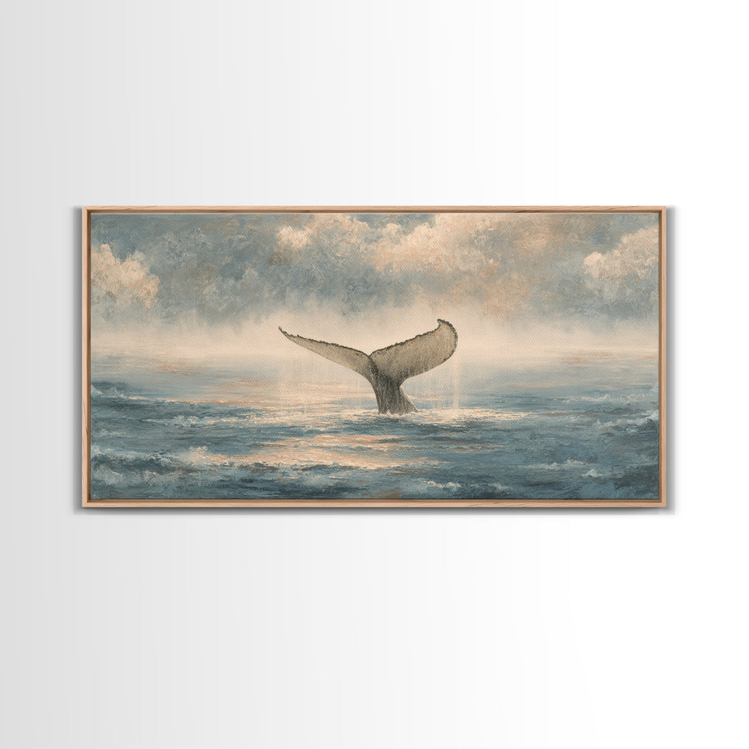 Whale Tail Rising from Misty Ocean Framed Canvas Print, Marine Life Art, Neutral Decor, Living Room Decor, Fine Art, Marine, MLA-2x1-46
