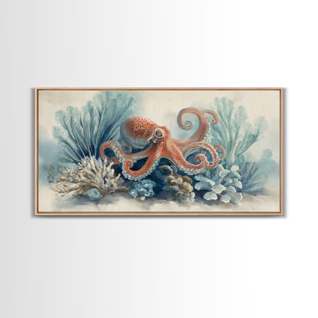 Octopus Curling Around Coral Canvas Print, Marine Life Art, Beach Decor, Living Room Decor, Oil Painting, Marine, Ocean Decor, MLA-2x1-47